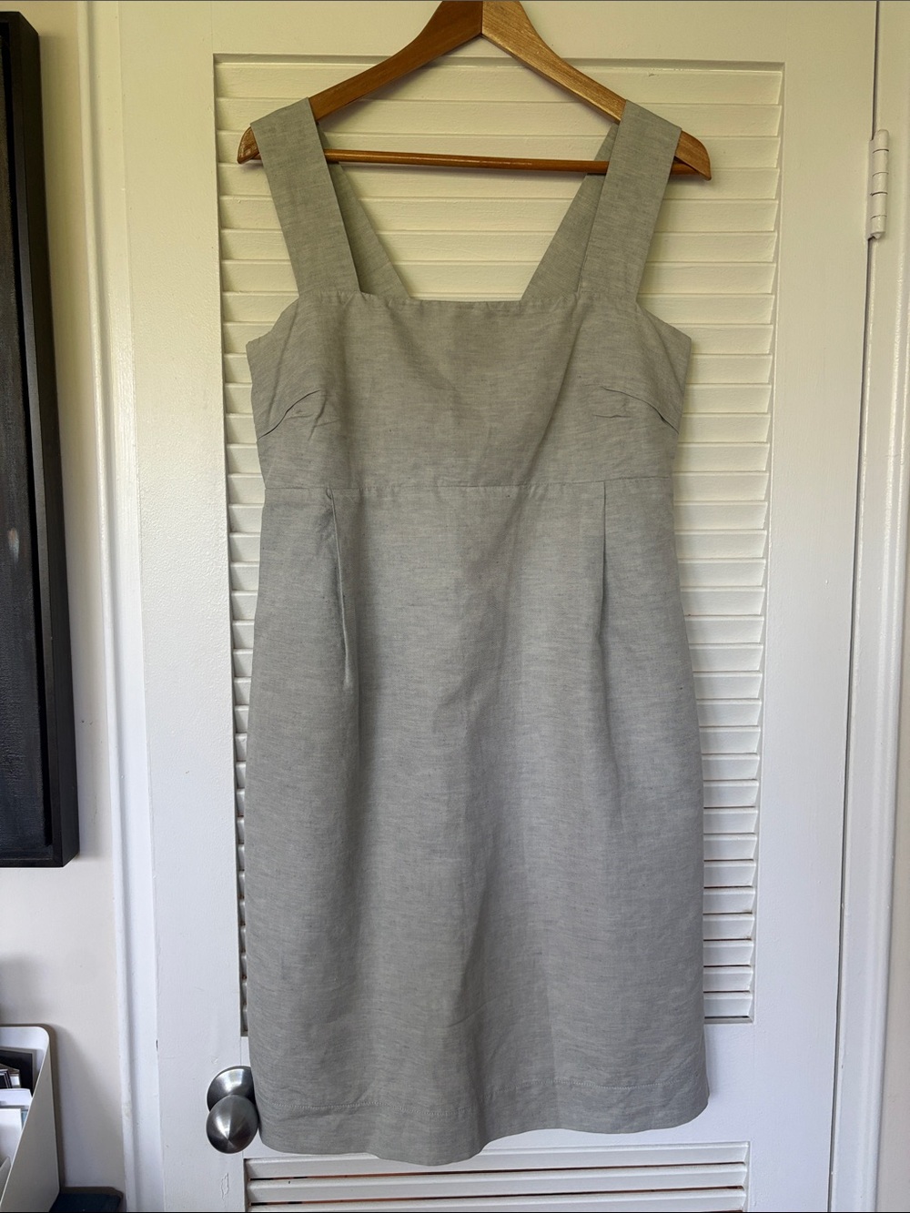 Elegant Sleeveless Linen-Blend Dress in Dove Gray by EWANIKA. Made in Canada. M.